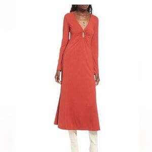 Open Edit rust Ruched V-Neck Long Sleeve Maxi